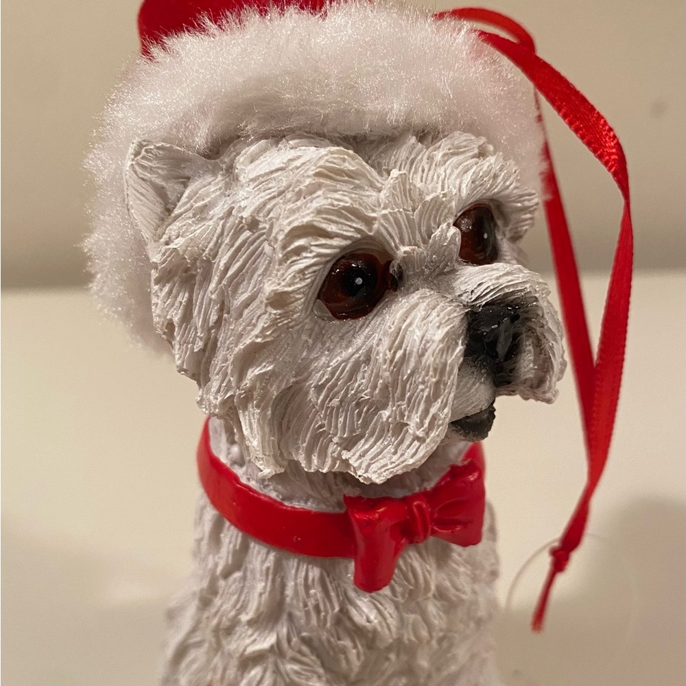 Festive White Dog Ornament with Red Accents